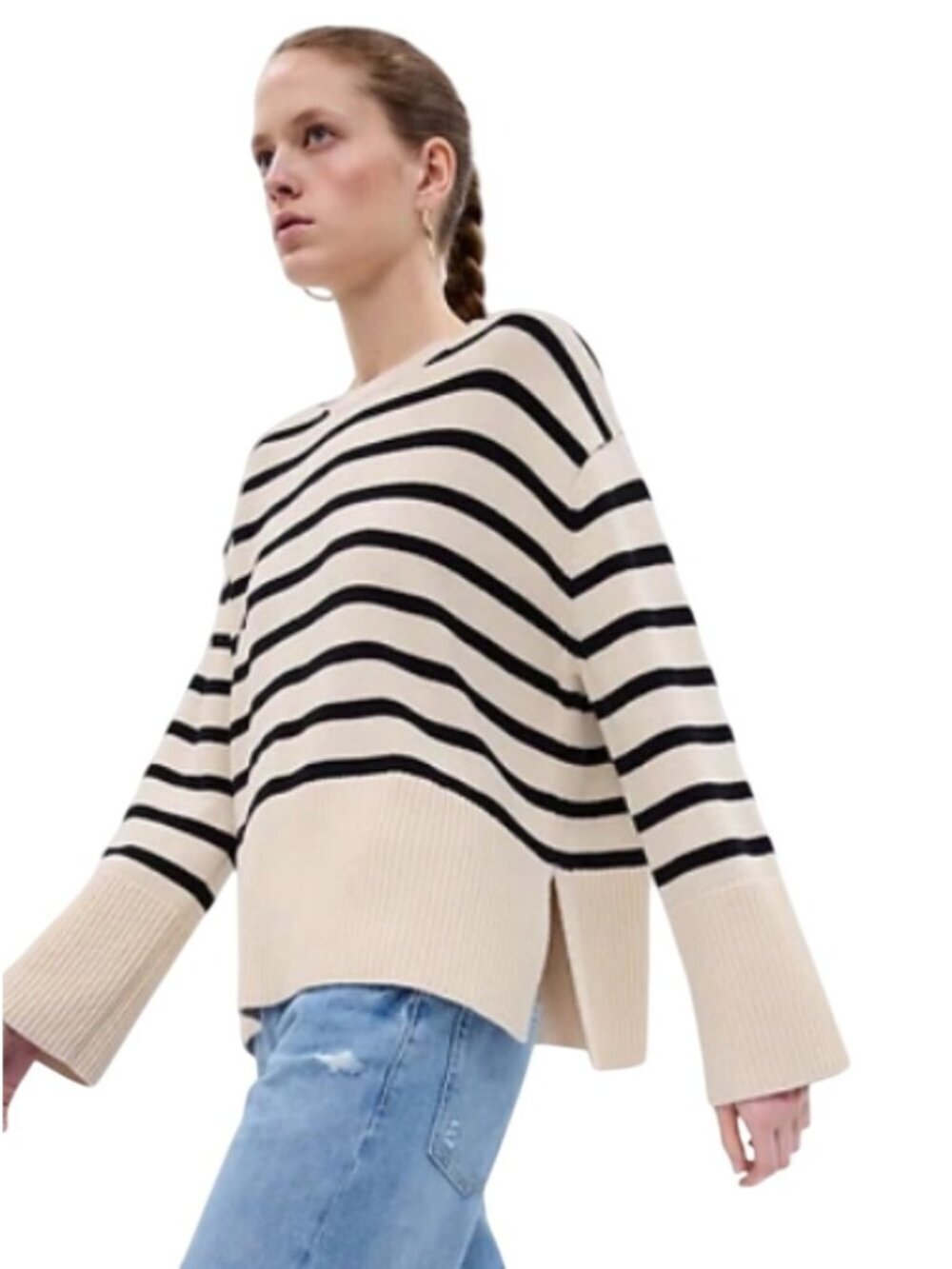 GAP 24/7 Split-Hem Striped Cotton Crewneck Sweater XS slouchy boxy